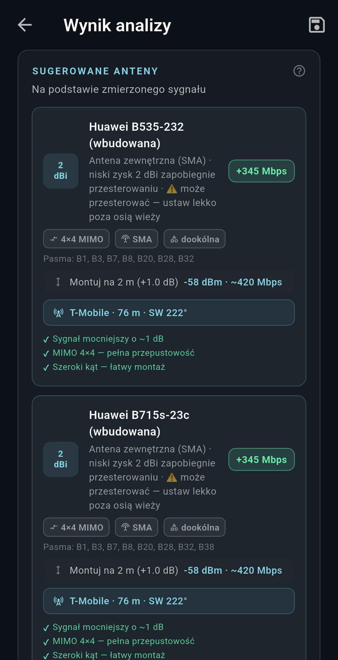 Heatmapa zasięgu LTE w aplikacji WaveHunter