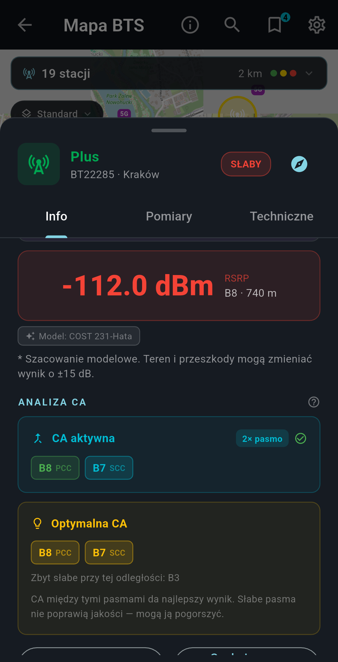 Karta stacji BTS z parametrami sygnału RSRP RSRQ