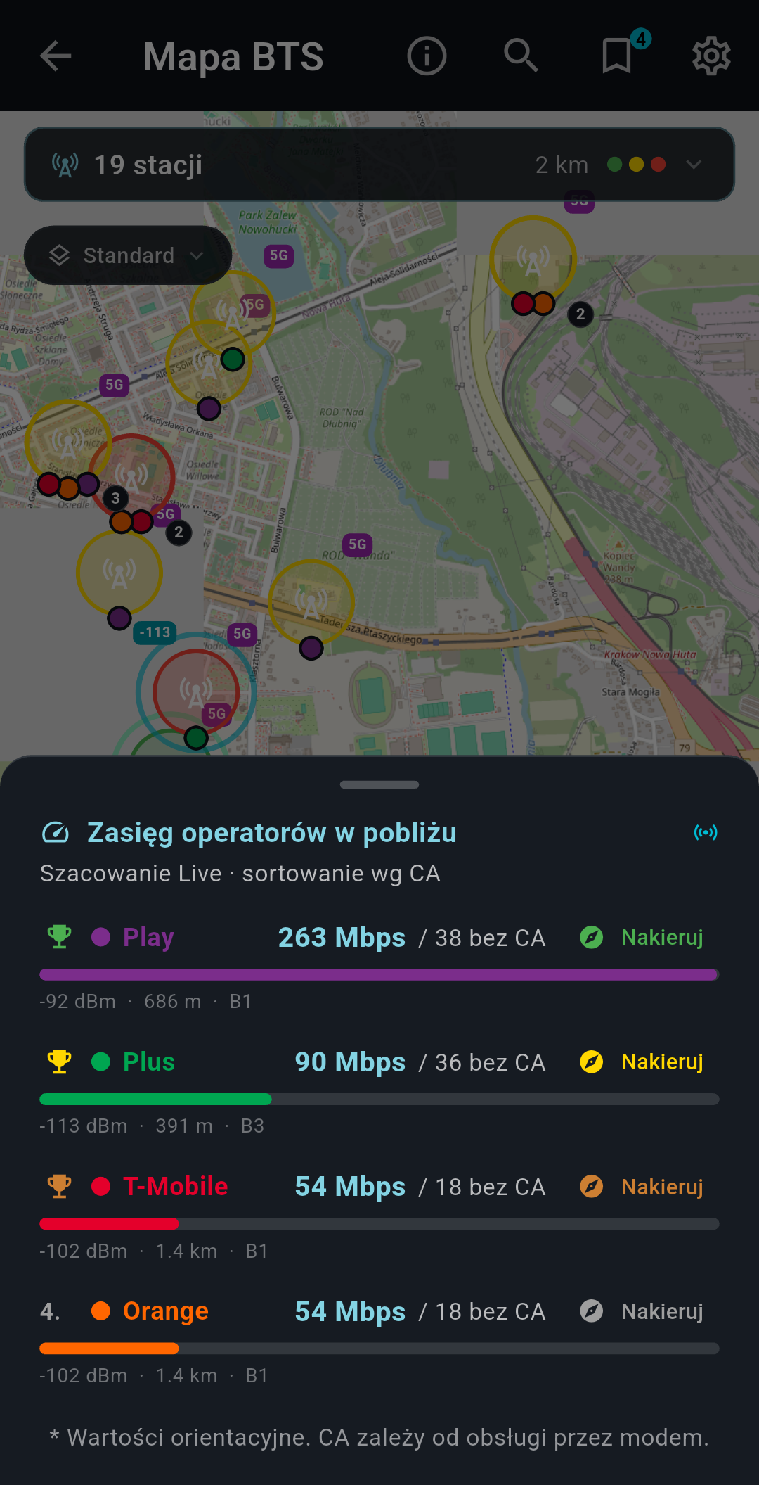 Zasięg operatorów LTE i 5G NR na mapie
